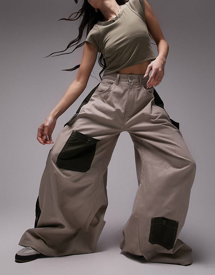 Topshop baggy patchwork cargo pants in khaki